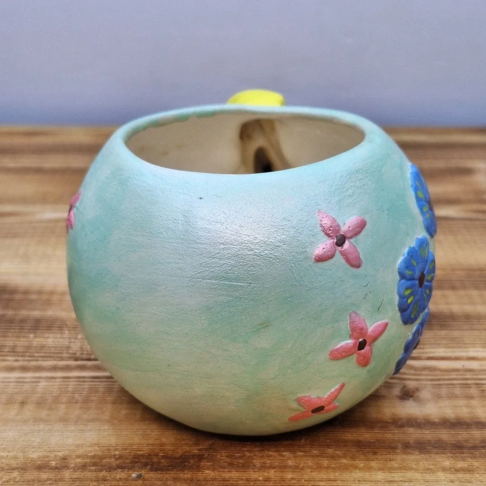Vintage Baby Rattle Pottery Planter Signed Blue Yellow Pink CB‎
